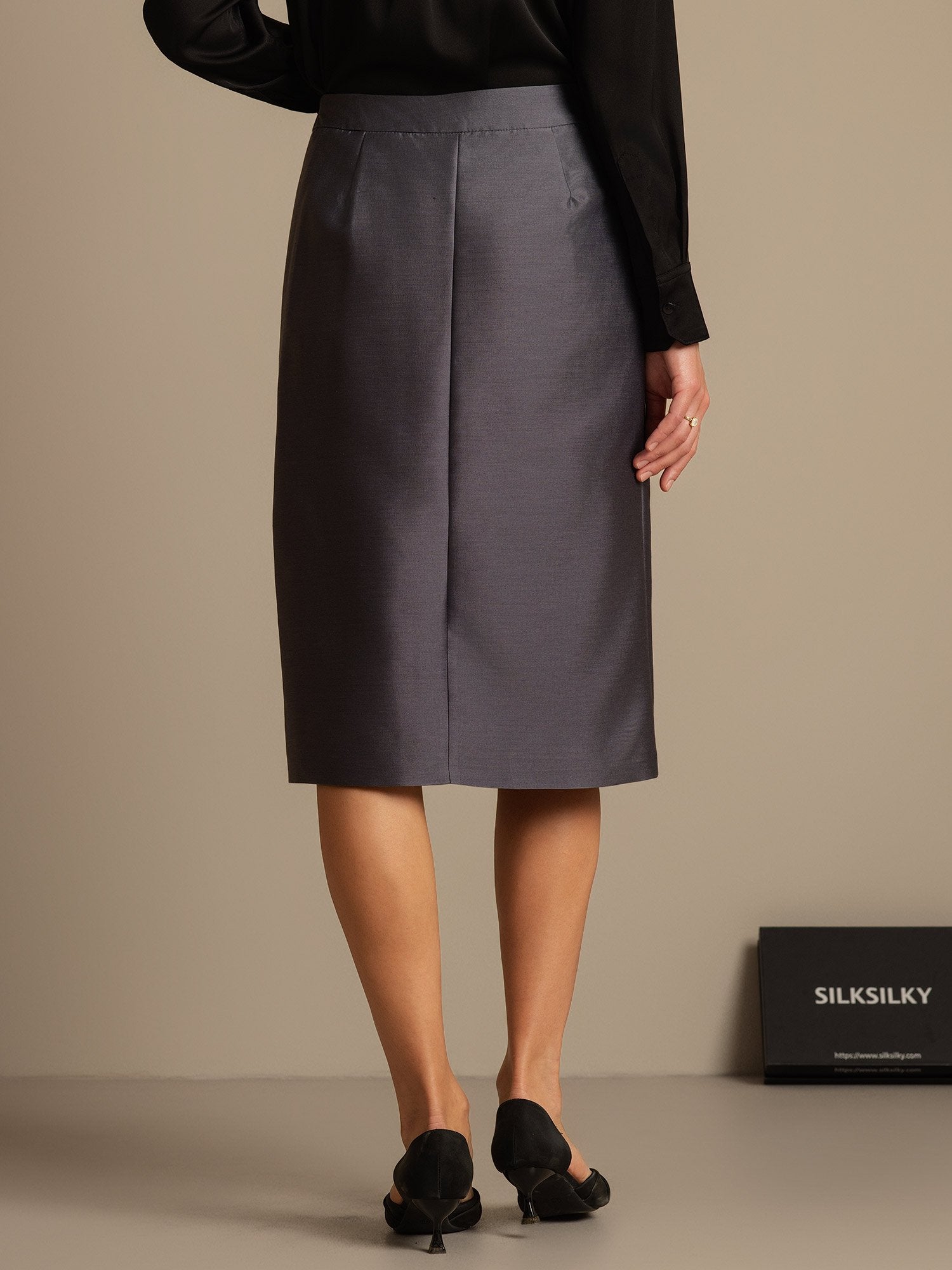 [Gray] SilkSilky-CA 32Momme Silk-Wool Blend Split Skirt 002,