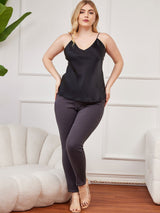 [Black] SilkSilky-CA Spaghetti Strap V Neck Plus Size Camisole Top 004