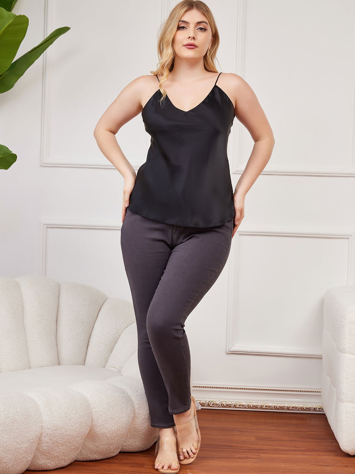 SilkSilky-CA Pure Silk Deep V Neck Plus Size Camisole Top Black 004