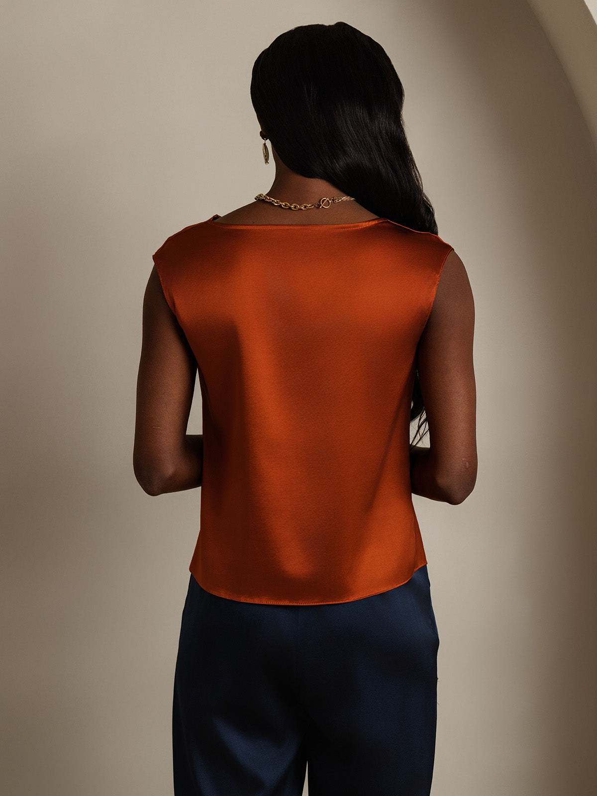 [Caramel] SilkSilky-CA 19Momme Silk Cap Sleeve Cowl Neck Women's T-Shirt 002