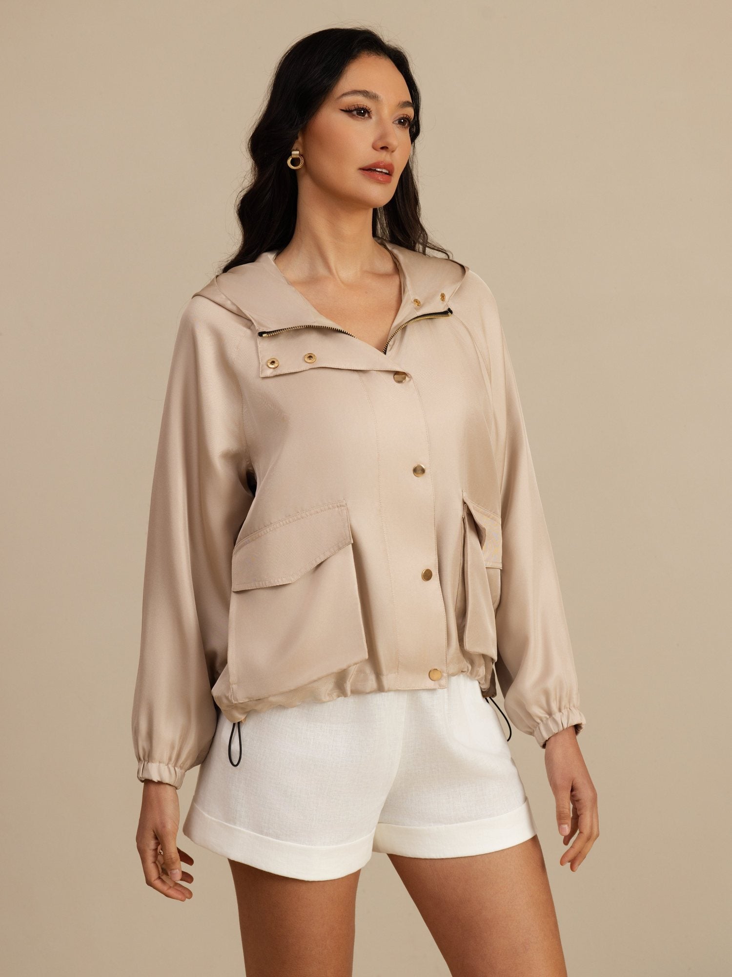 [Tan] SilkSilky-CA Silk Satin Surah Long Sleeve High Neck Women's Outerwear 004