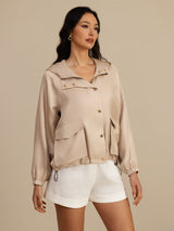 [Tan] SilkSilky-CA Silk Satin Surah Long Sleeve High Neck Women's Outerwear 004