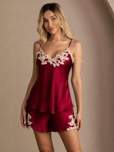 [Wine] SilkSilky-CA Spaghetti Strap V Neck Camisole Set 001