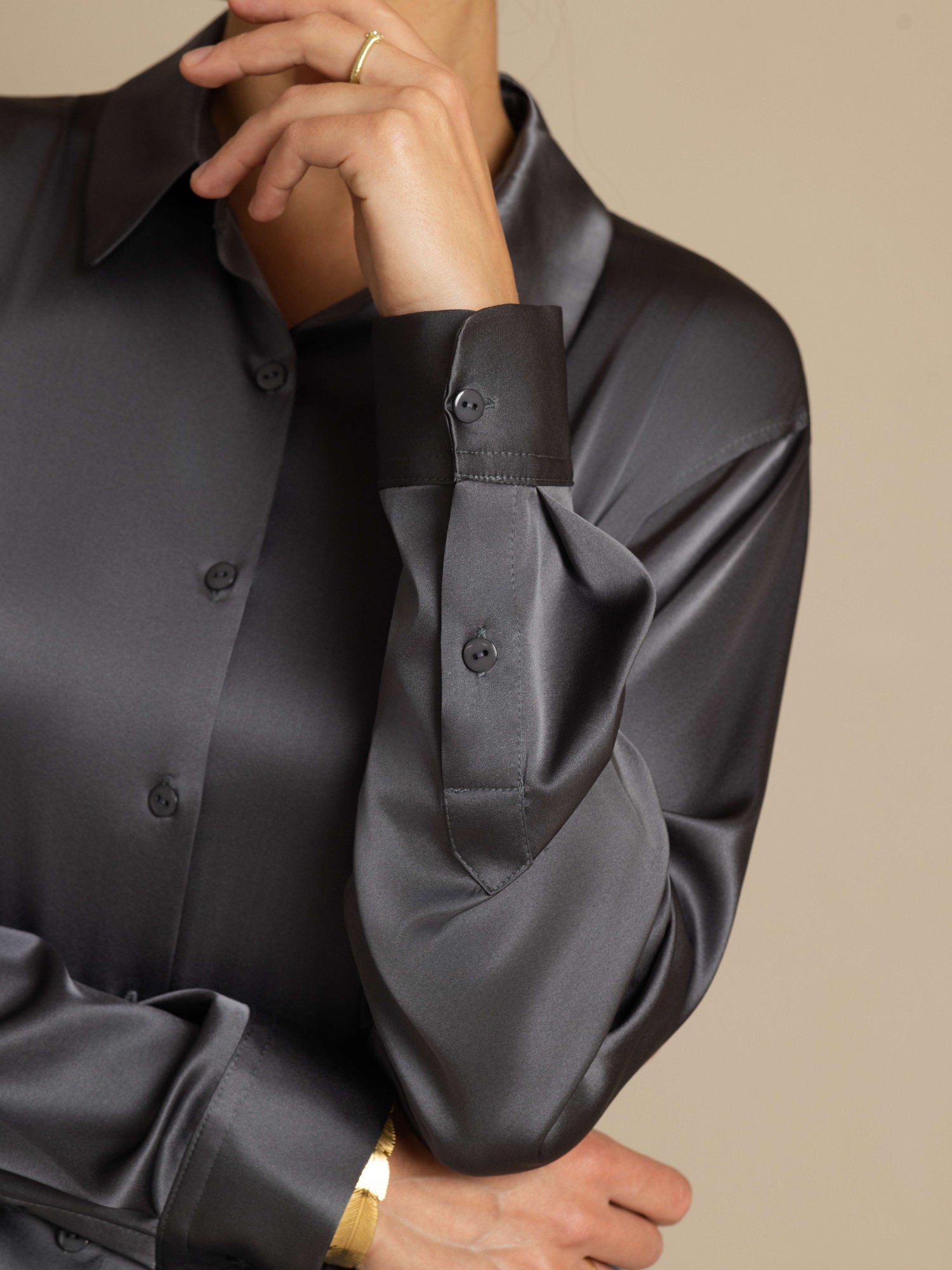 [Dark Gray] SilkSilky-CA 19Momme Stretch Silk Charmeuse Long Sleeve Lapel Collar Women's Shirt 005