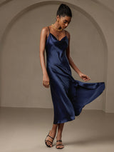 [Dark Blue] SilkSilky-CA Spaghetti Strap Cowl Neck Dress 004