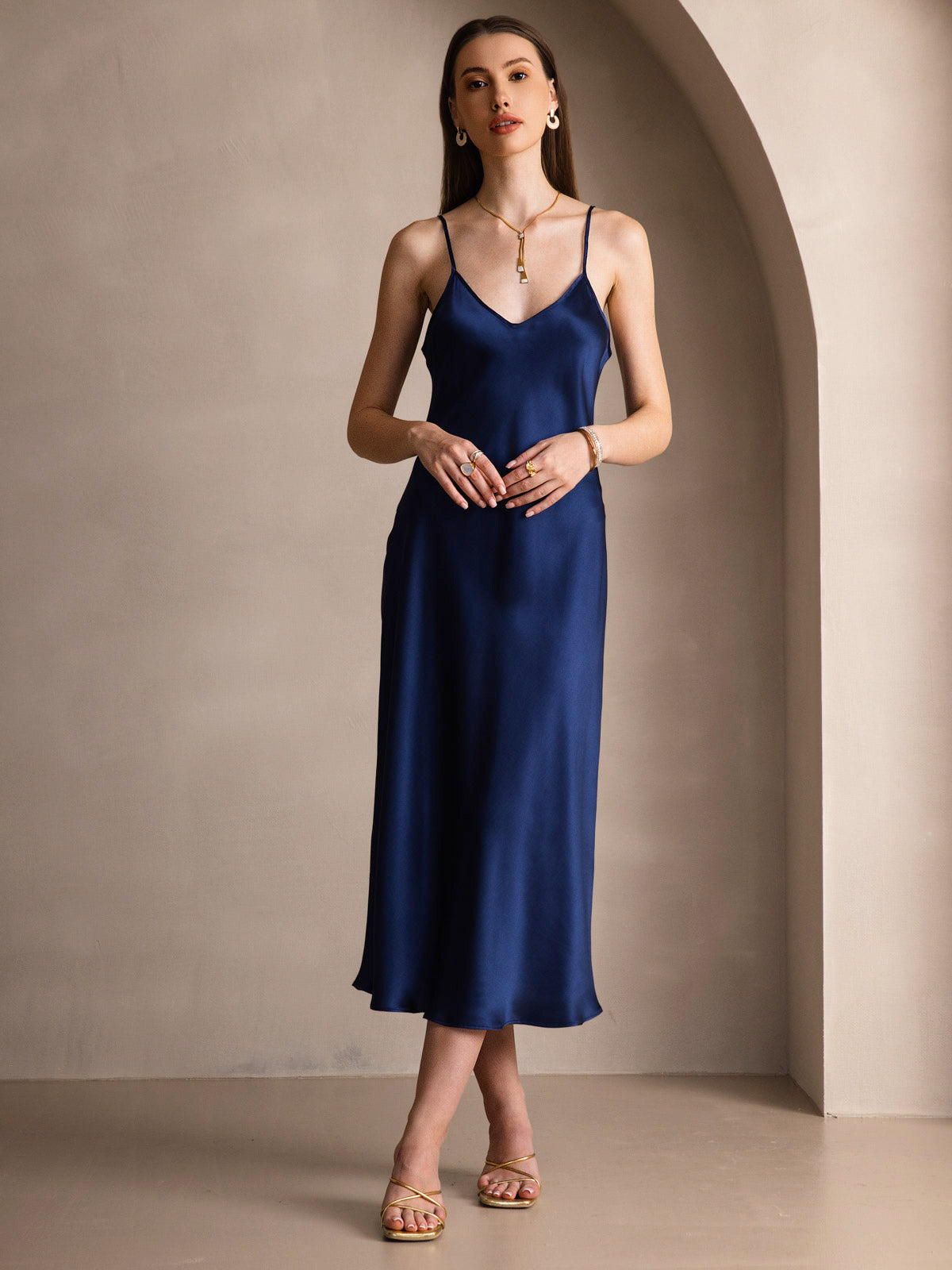 [Dark Blue] SilkSilky-CA Pure Silk Round Neck Dress 003