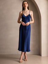 [Dark Blue] SilkSilky-CA Spaghetti Strap V Neck Dress 003