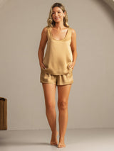 [Tan] SilkSilky-CA 19Momme Machine-Washable Silk Sleeveless Scoop Neck Women's Pajamas 007