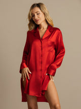 [Red] SilkSilky-CA Long Sleeve Lapel Collar Nightshirt 001