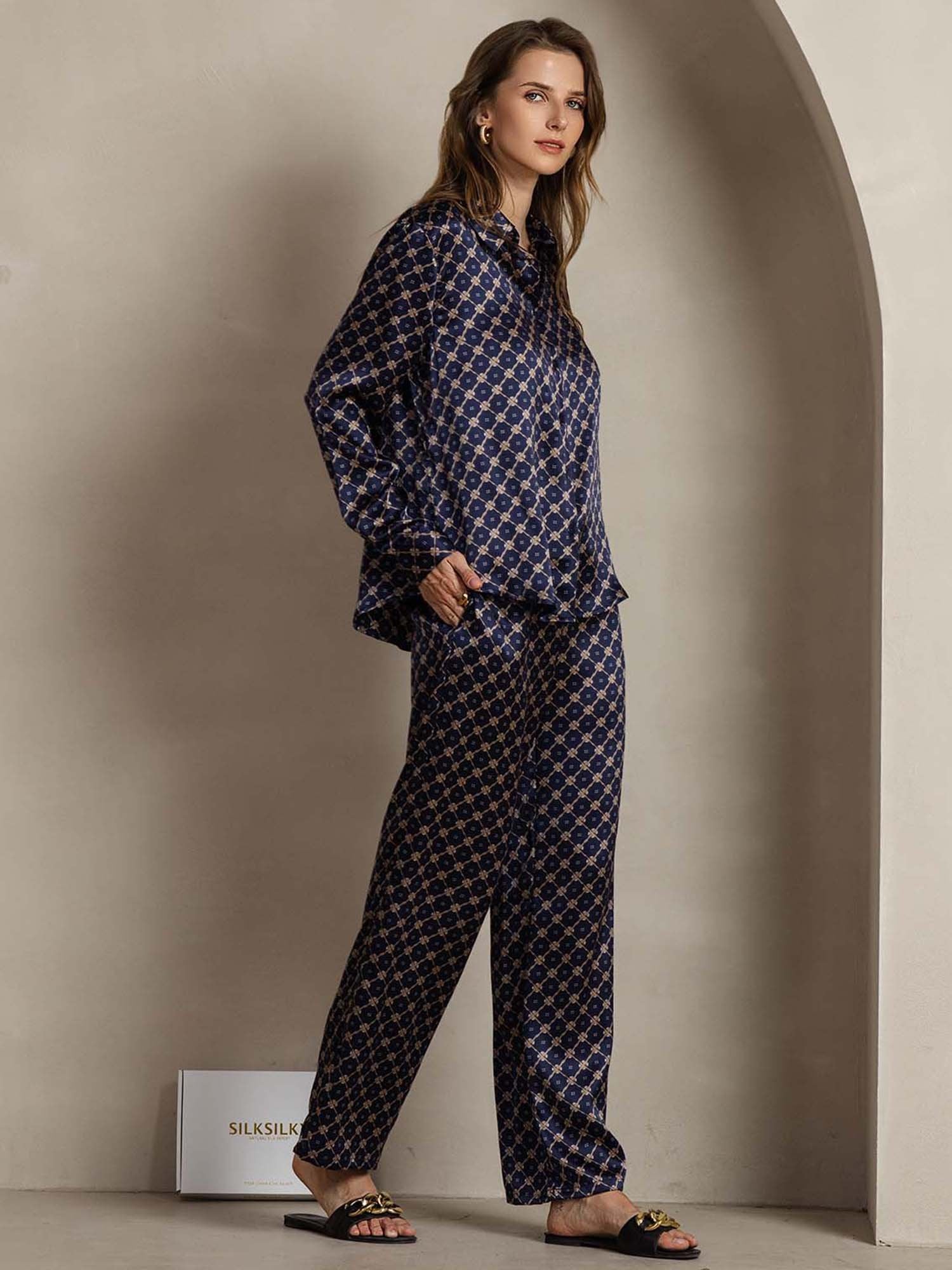 [Navy Chain] SilkSilky-CA 19Momme Silk Lapel Collar Women''s Outfit Sets 004