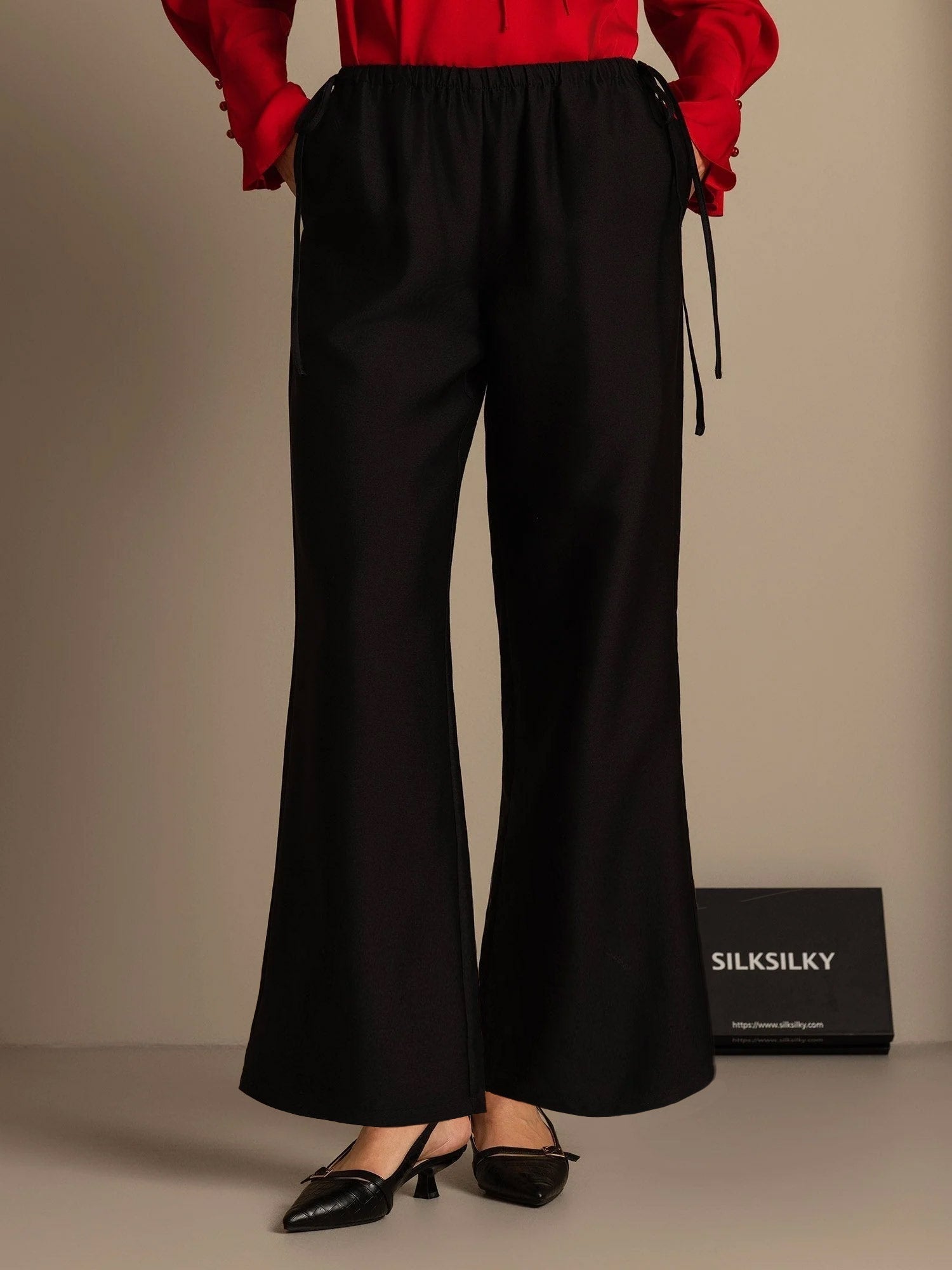 [Black] SilkSilky-CA 32Momme Silk-Wool Blend Womens Pants 001,
