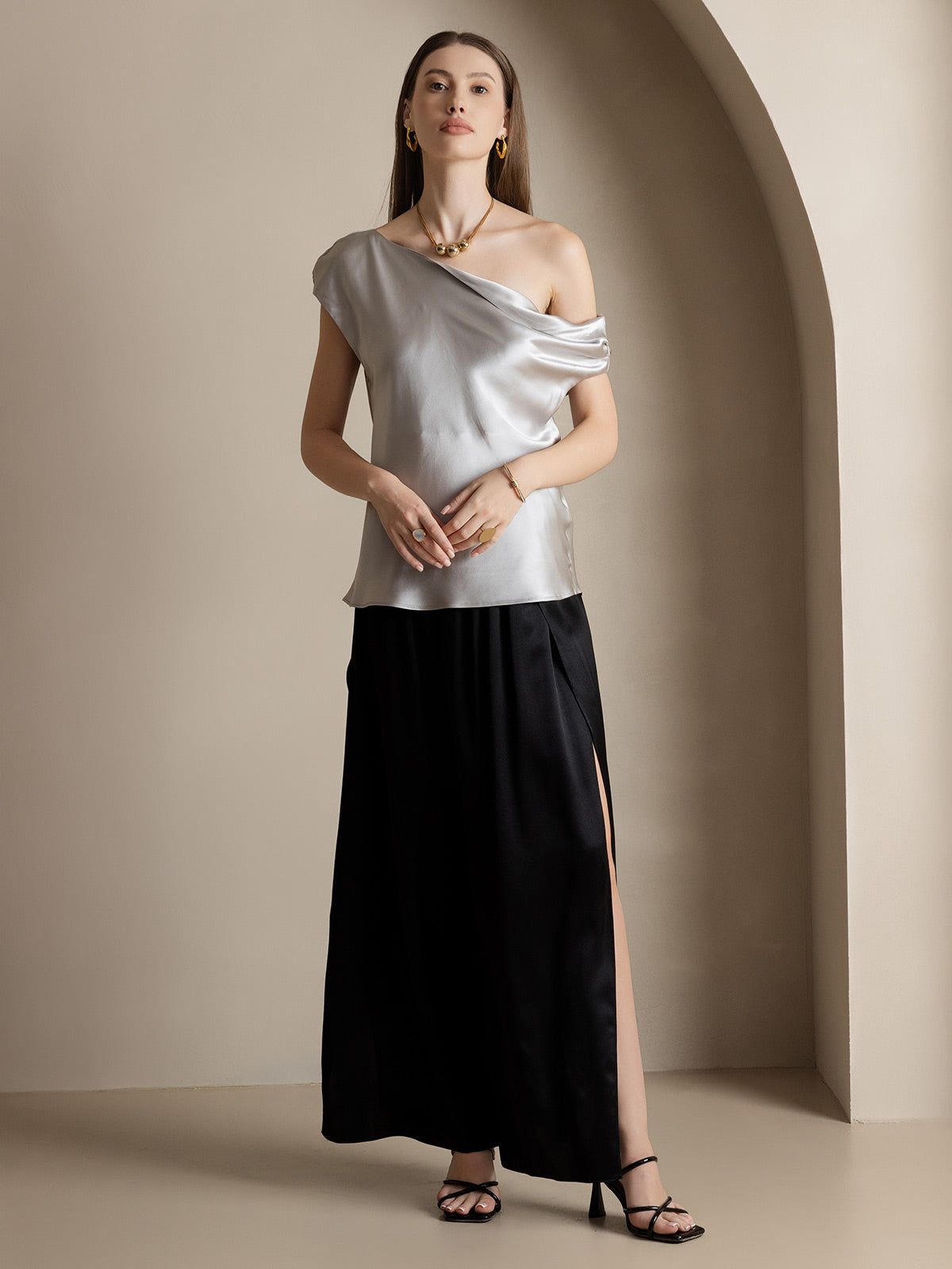 [Black] SilkSilky-CA 19Momme Silk Split Women's Pants 009
