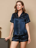 SilkSilky CA Pure Silk Short Sleeve Lapel Women's Pajamas DarkBlue 002