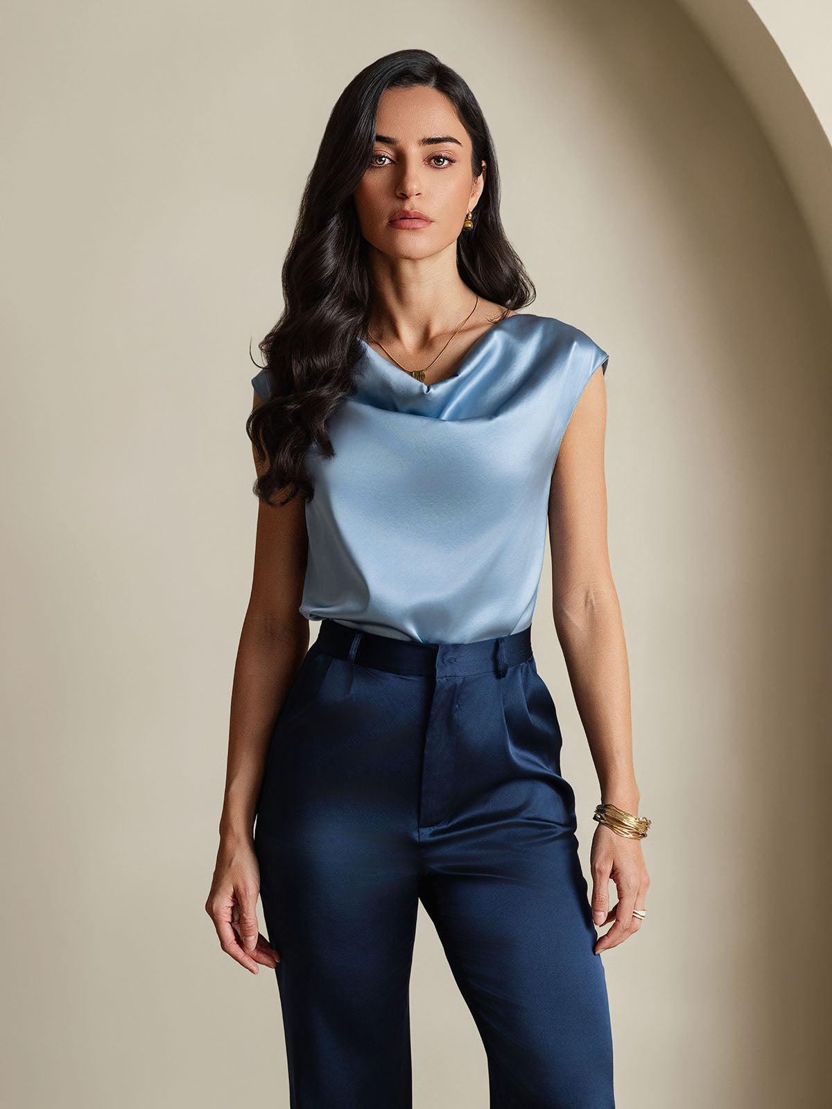 [Grayish Blue] SilkSilky-CA 19Momme Silk Cap Sleeve Cowl Neck Women's T-Shirt 003