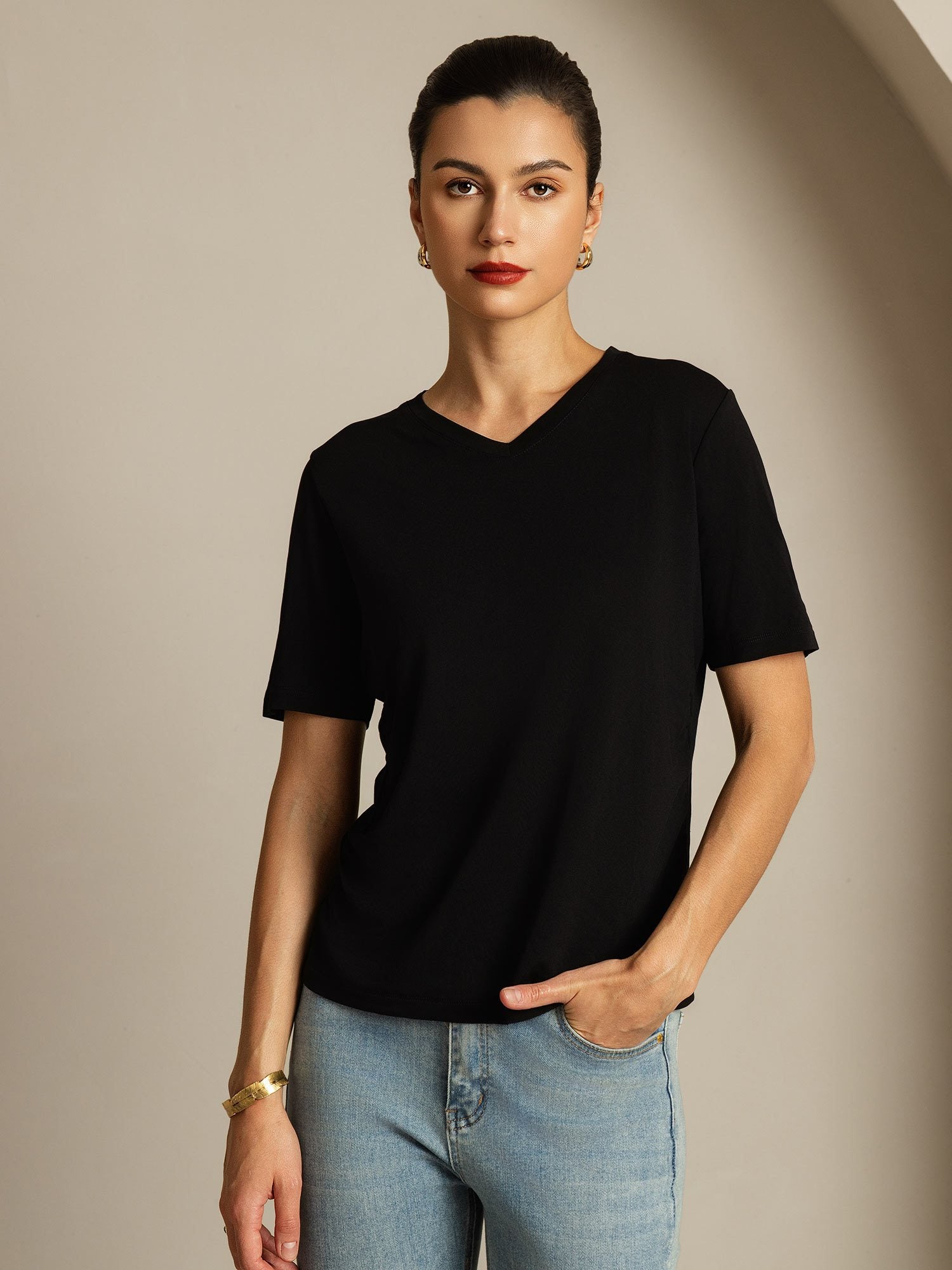 [Black] SilkSilky-CA Pure Silk V Neck Women's T-Shirt 001