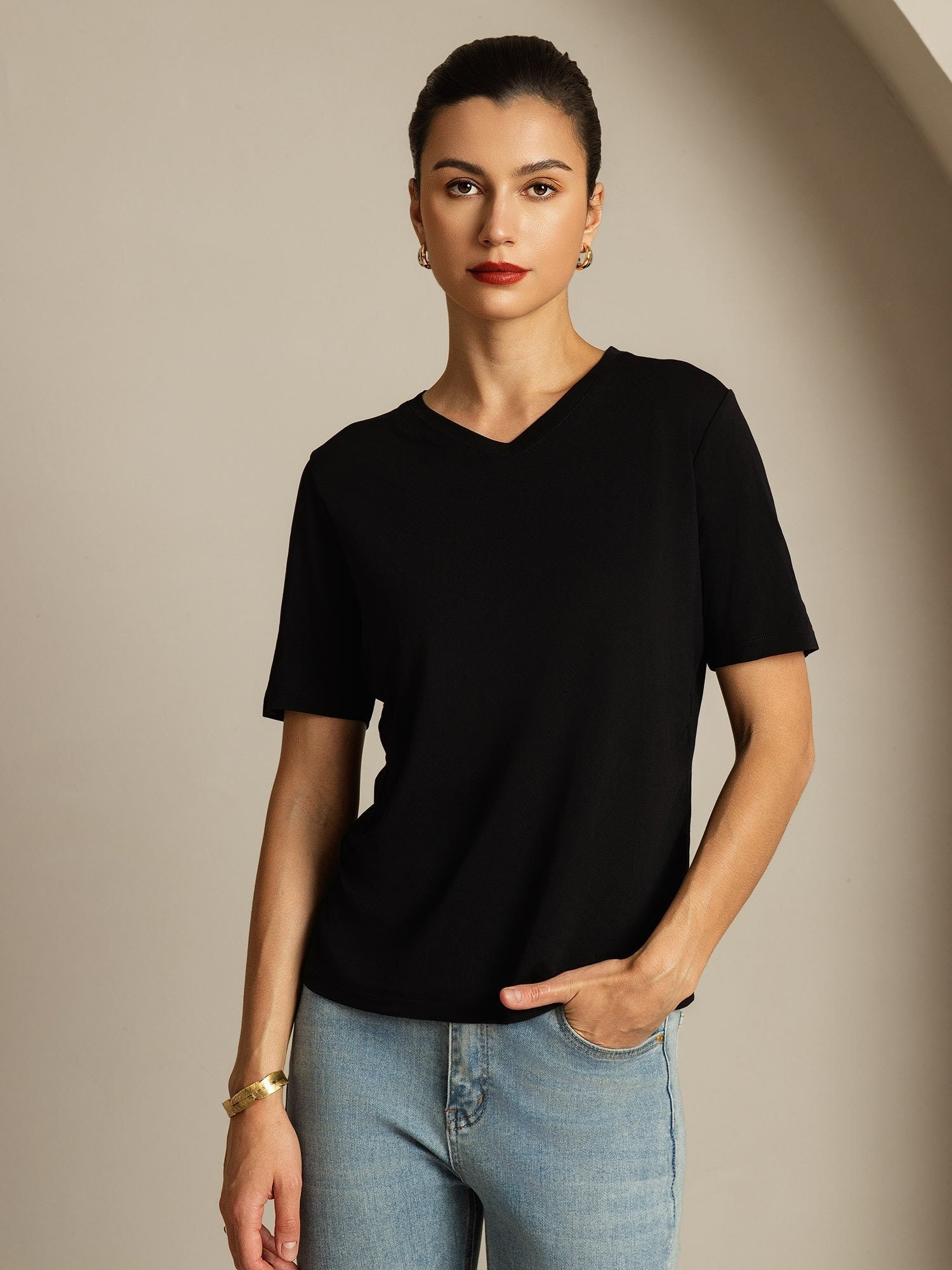 [Black] SilkSilky-CA 100% High-Twist Silk Jersey Short Sleeve V Neck Women's T-Shirt 001