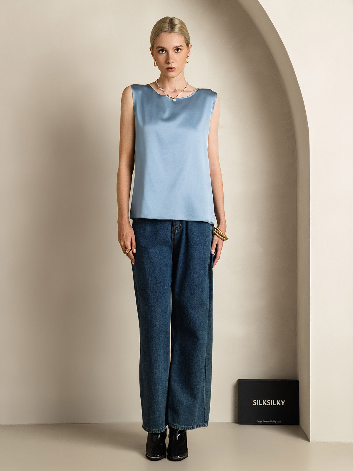 [Grayish Blue] SilkSilky-CA 19Momme Silk Round Neck Camisole 006