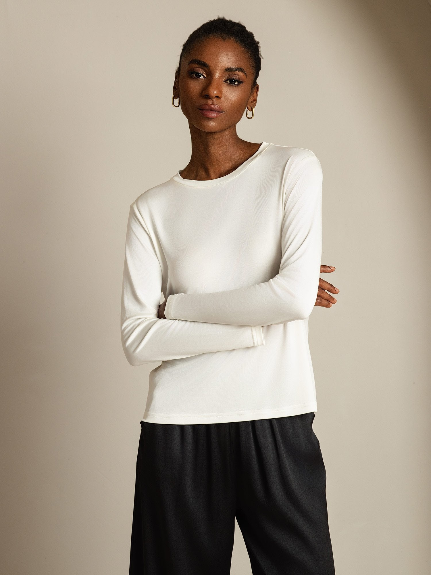 [White] SilkSilky-CA Pure Silk Womens T-Shirt 001,