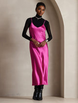 [Rose Red] SilkSilky-CA Spaghetti Strap V Neck Dress 001