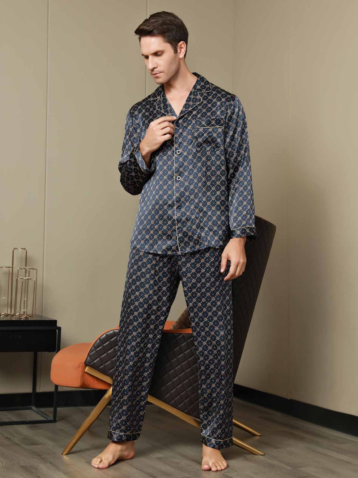 [Navy Chain] SilkSilky-CA Pure Silk Mens Pajamas 007