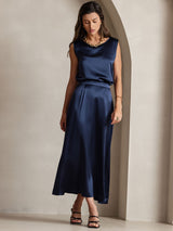 [Dark Blue] SilkSilky-CA 19Momme Stretch Silk Charmeuse Skirt 007