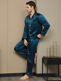 SilkSilky CA 19Momme Pure Silk Long Sleeve Lapel Men's Pajamas Teal 005