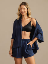 [Dark Blue] SilkSilky-CA 19Momme Machine-Washable Silk Half Sleeve Notch Collar Women's Pajamas 005