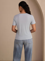 [Grayish Blue] SilkSilky-CA Short Sleeve V Neck Women's T-Shirt 002