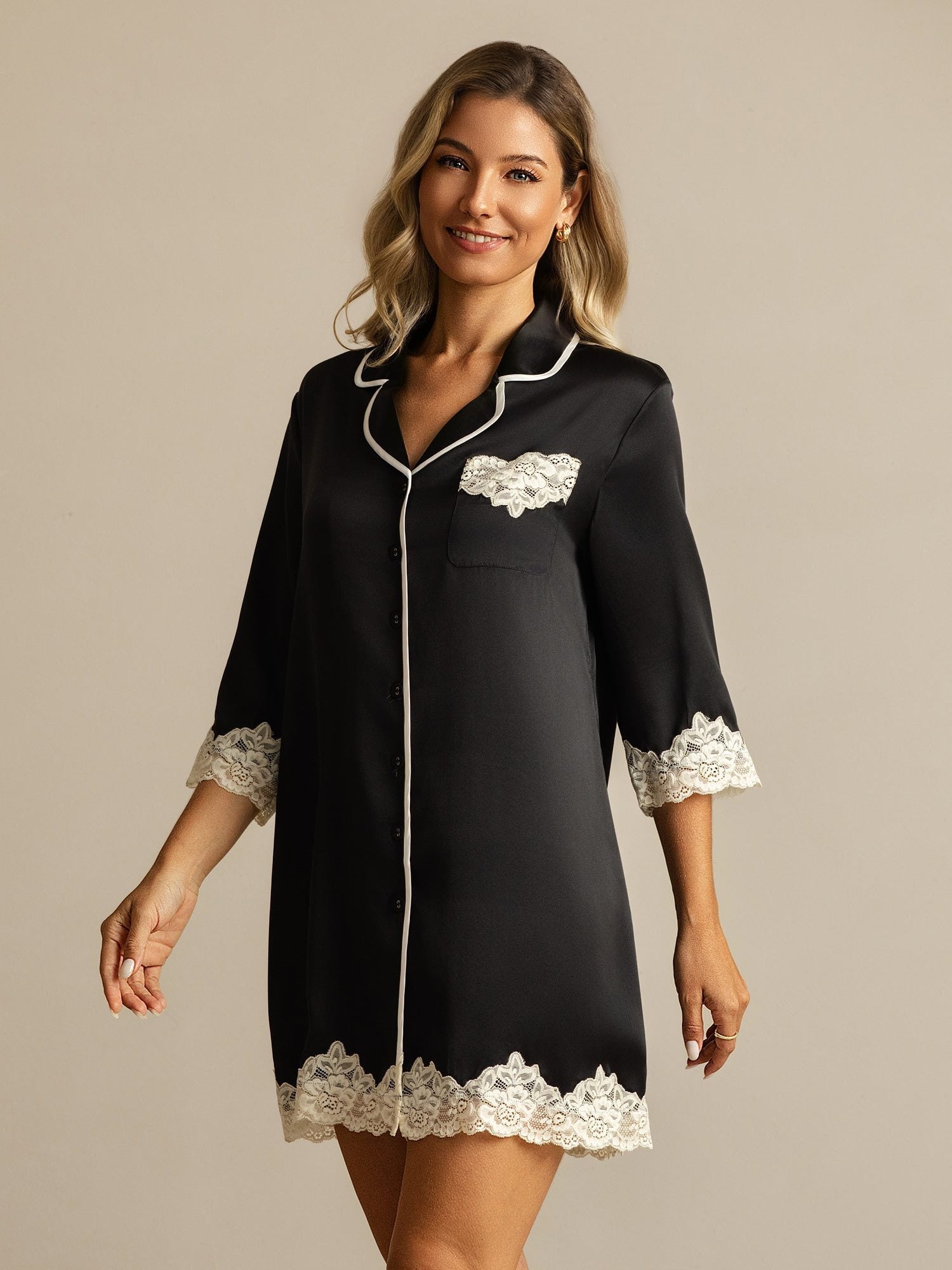 [Black] SilkSilky-CA Pure Silk Lapel Collar Nightshirt 007