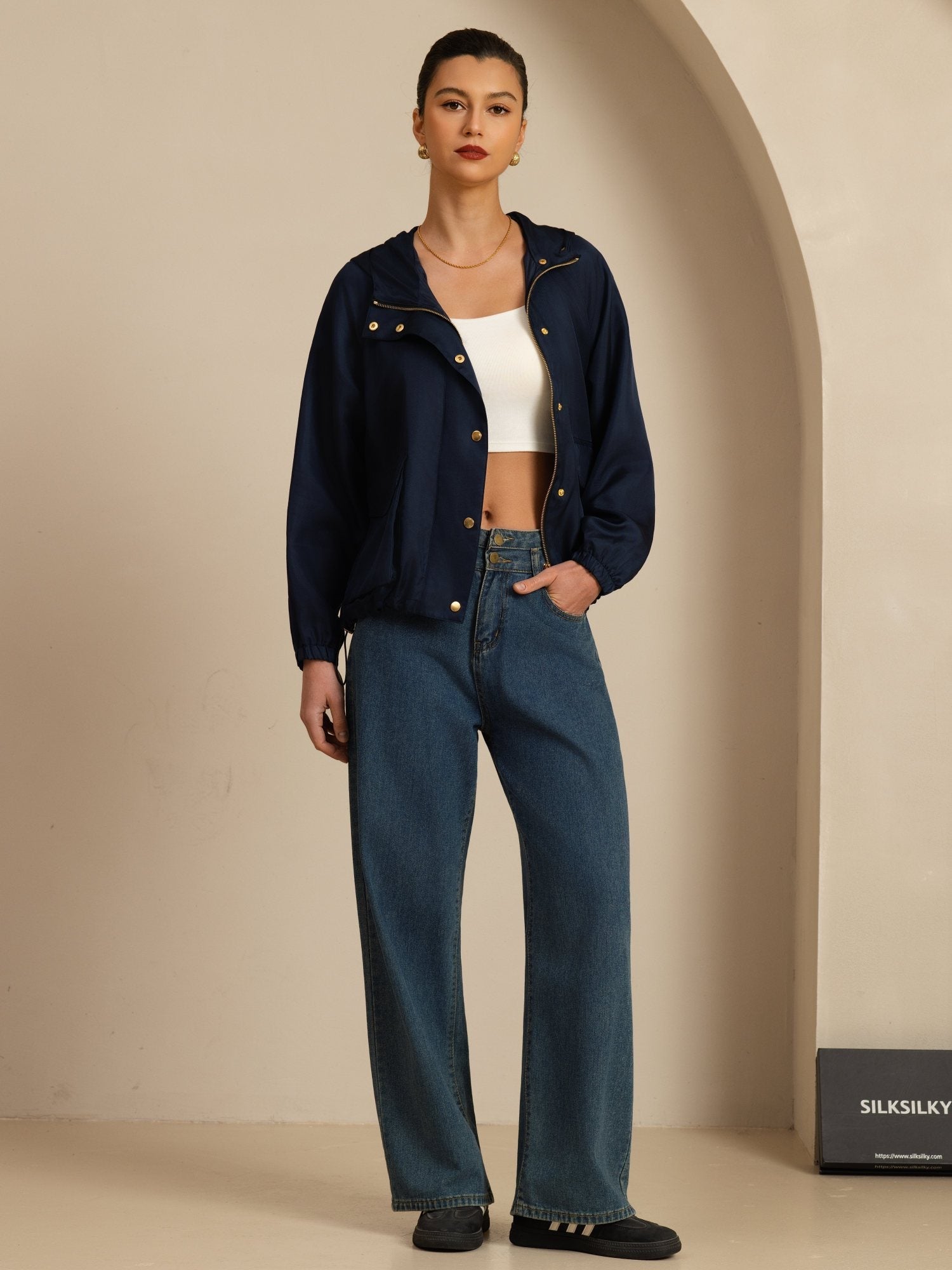 [DarkBlue] SilkSilky-CA Silk Satin Surah Long Sleeve High Neck Women's Outerwear 008