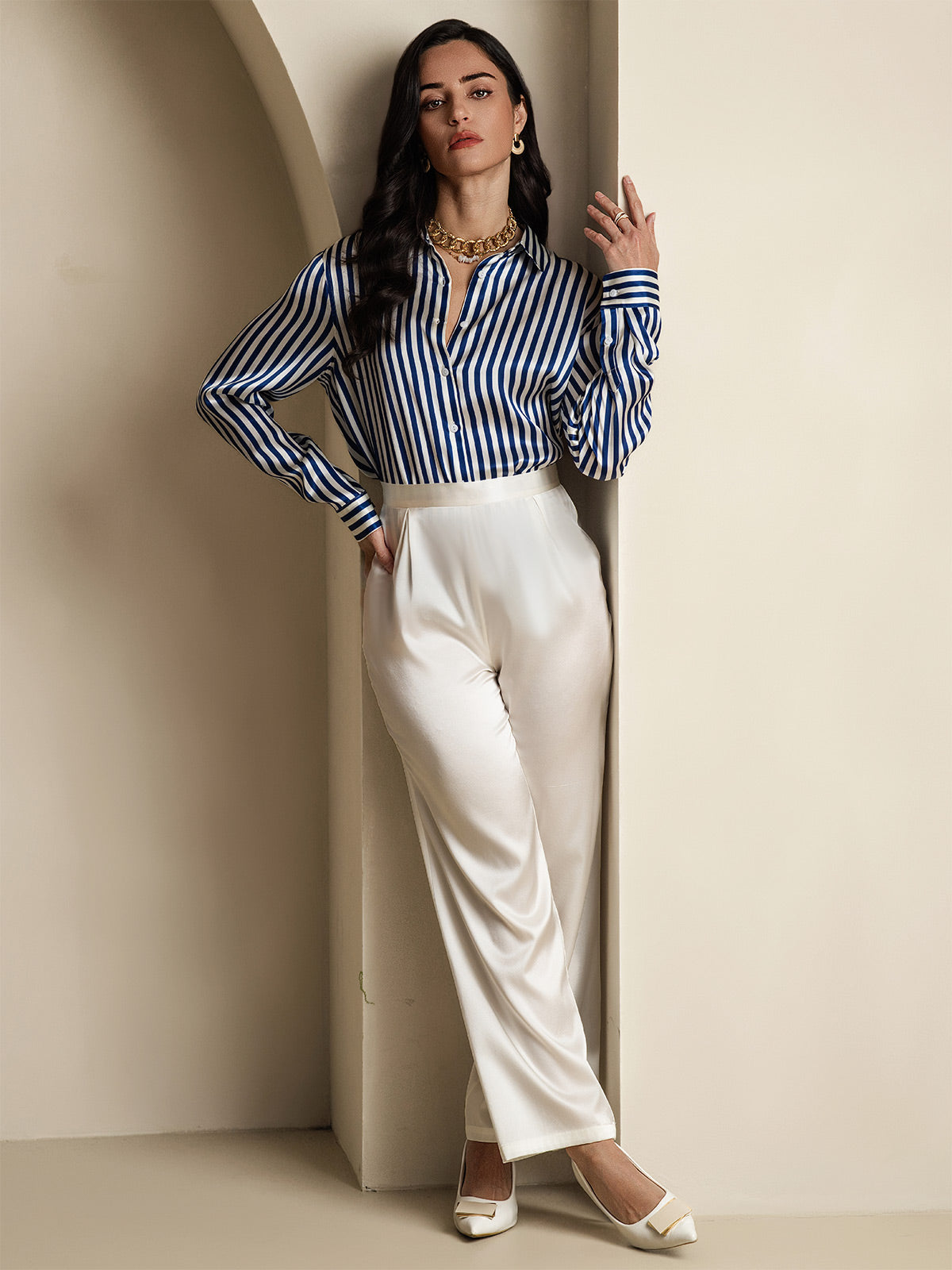 [Navy Stripe] SilkSilky-CA Silk Long Sleeve Lapel Collar Women's Shirt 008