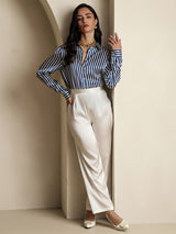 [Navy Stripe] SilkSilky-CA Long Sleeve Lapel Collar Women's Shirt 009