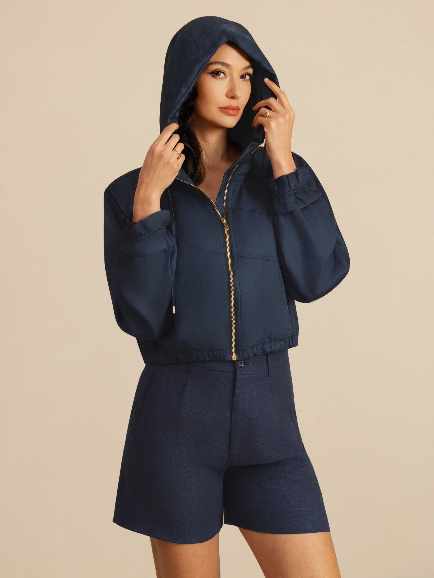 [DarkBlue] SilkSilky-CA 18Momme Silk Satin Surah Long Sleeve High Neck Women's Outerwear 001