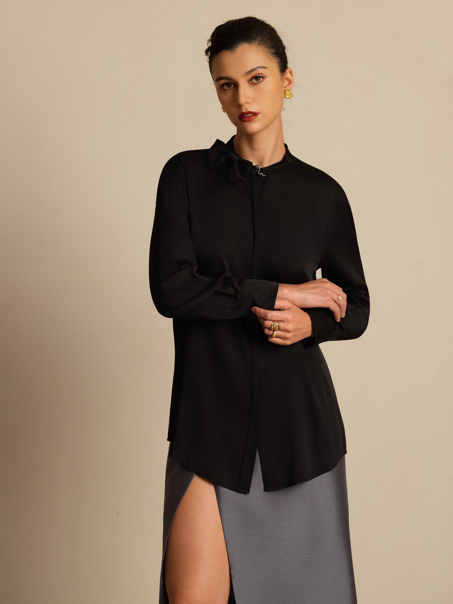 [Black] SilkSilky-CA 19Momme Stretch Silk Double Georgette Long Sleeve Collar Blouse 004