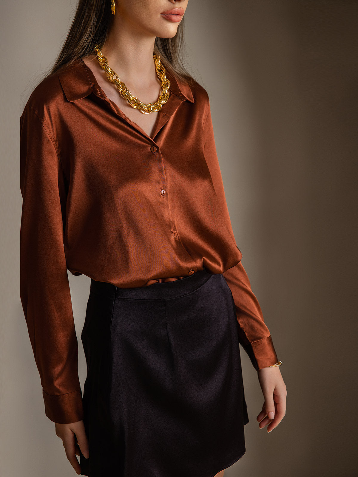[Caramel] SilkSilky-CA Silk Long Sleeve Lapel Collar Women's Shirt 001