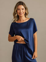 [Dark Blue] SilkSilky-CA 19Momme Machine-Washable Silk Short Sleeve Women's Pajamas 005