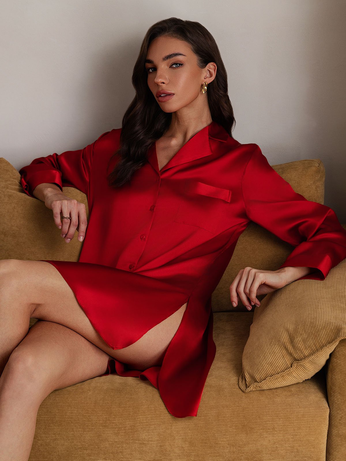 [Red] SilkSilky-CA Pure Silk Split Nightgown 008