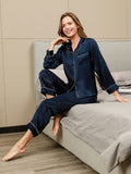 SilkSilky-CA Pure Silk Long Sleeve Lapel Women's Pajamas DarkBlue 003