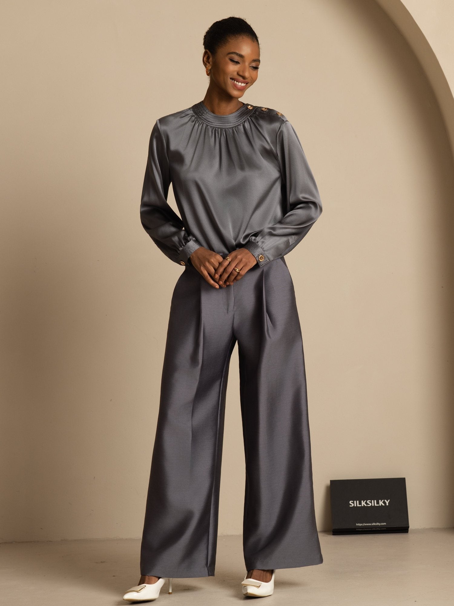 [Dark Gray] SilkSilky-CA 19Momme Stretch Silk Charmeuse Long Sleeve Round Neck Blouse 008