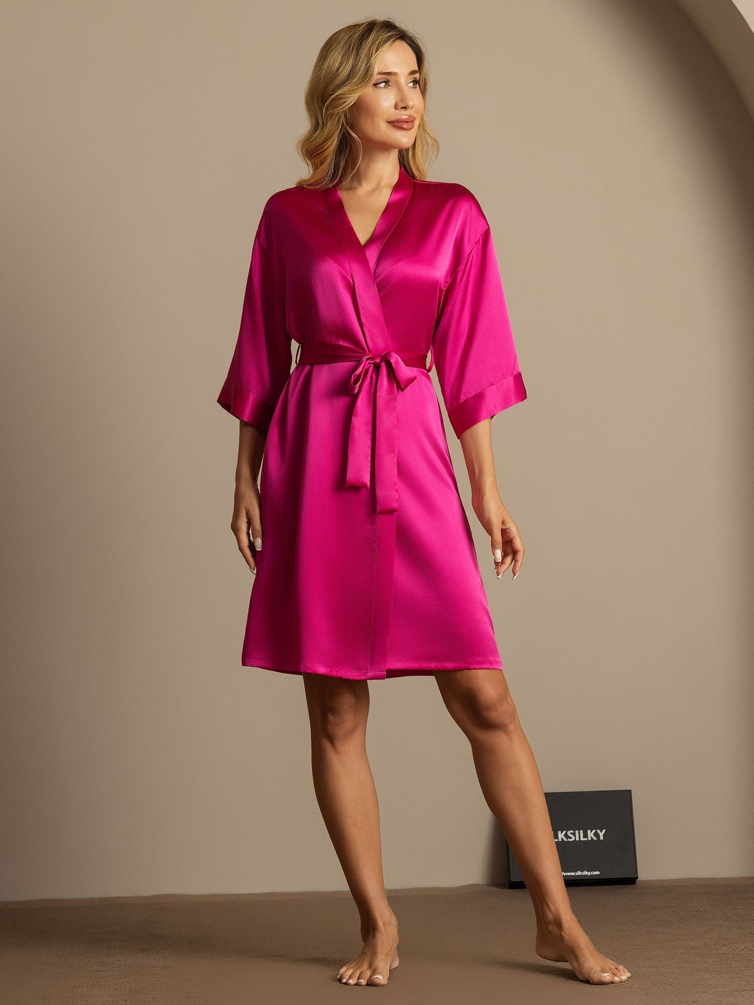 [Rose Red] SilkSilky-CA Pure Silk 3/4 Sleeve Wrap Women's Robe 006