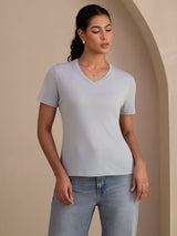 [Grayish Blue] SilkSilky-CA Short Sleeve V Neck Women's T-Shirt 001