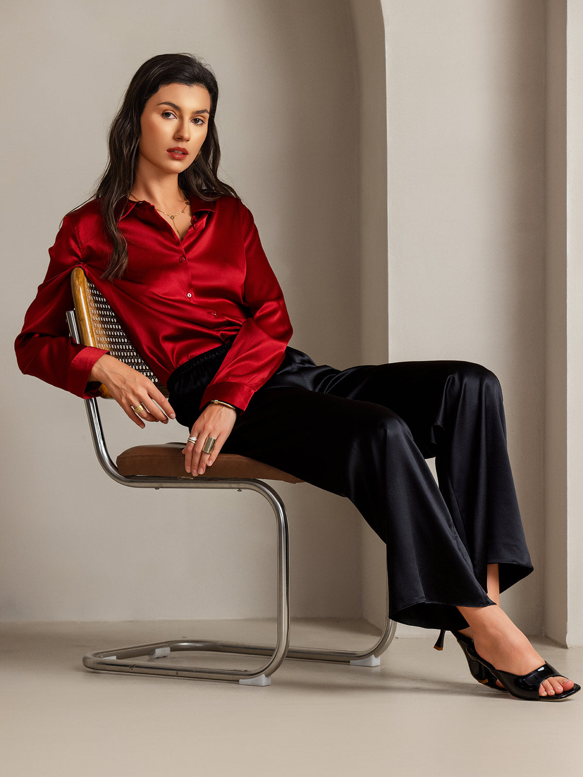 [Red] SilkSilky-CA 19Momme Stretch Silk Charmeuse Long Sleeve Lapel Collar Women's Shirt 006