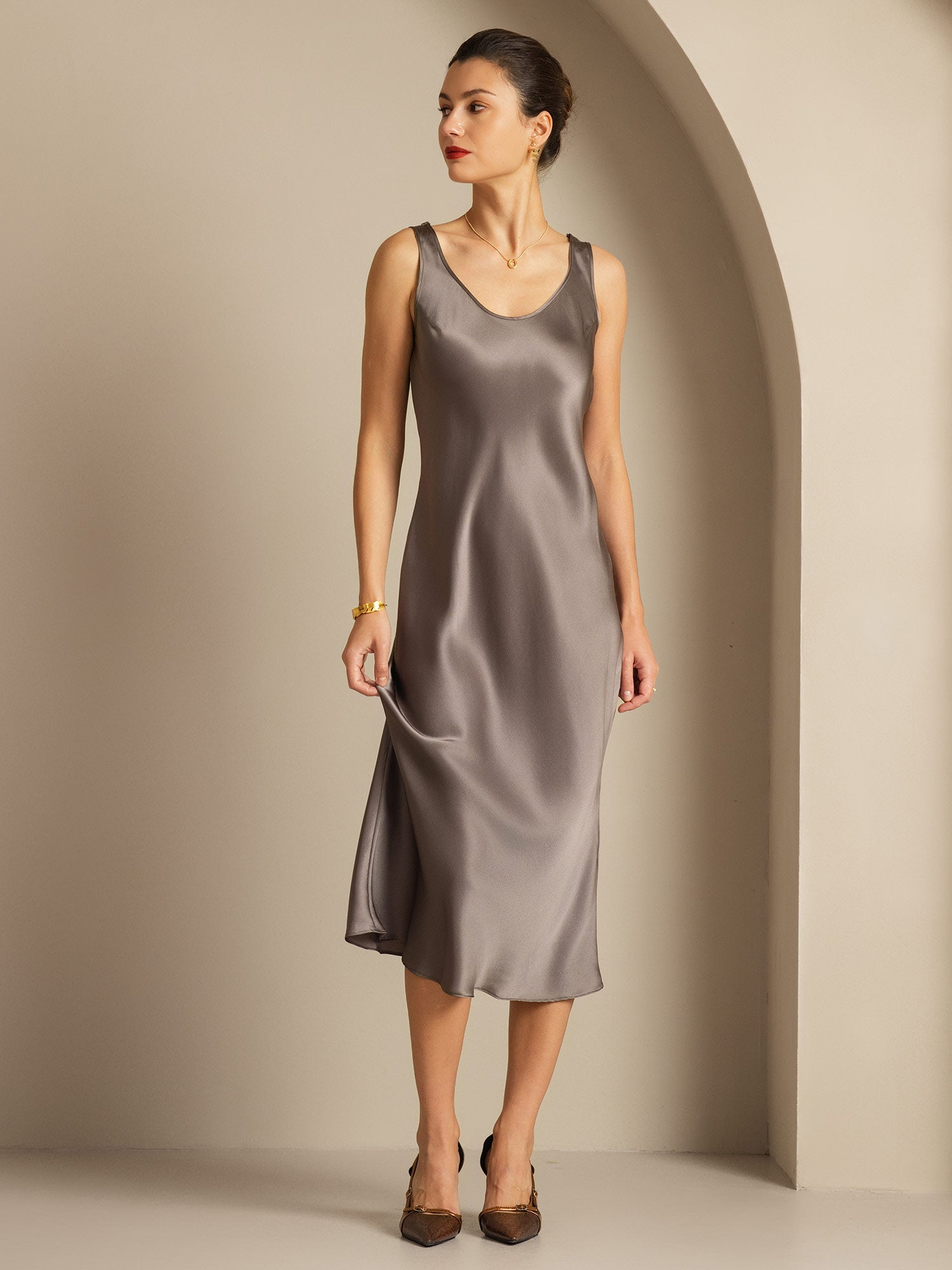 [Dark Khaki] SilkSilky-CA Pure Silk Boat Neck Dress 005,