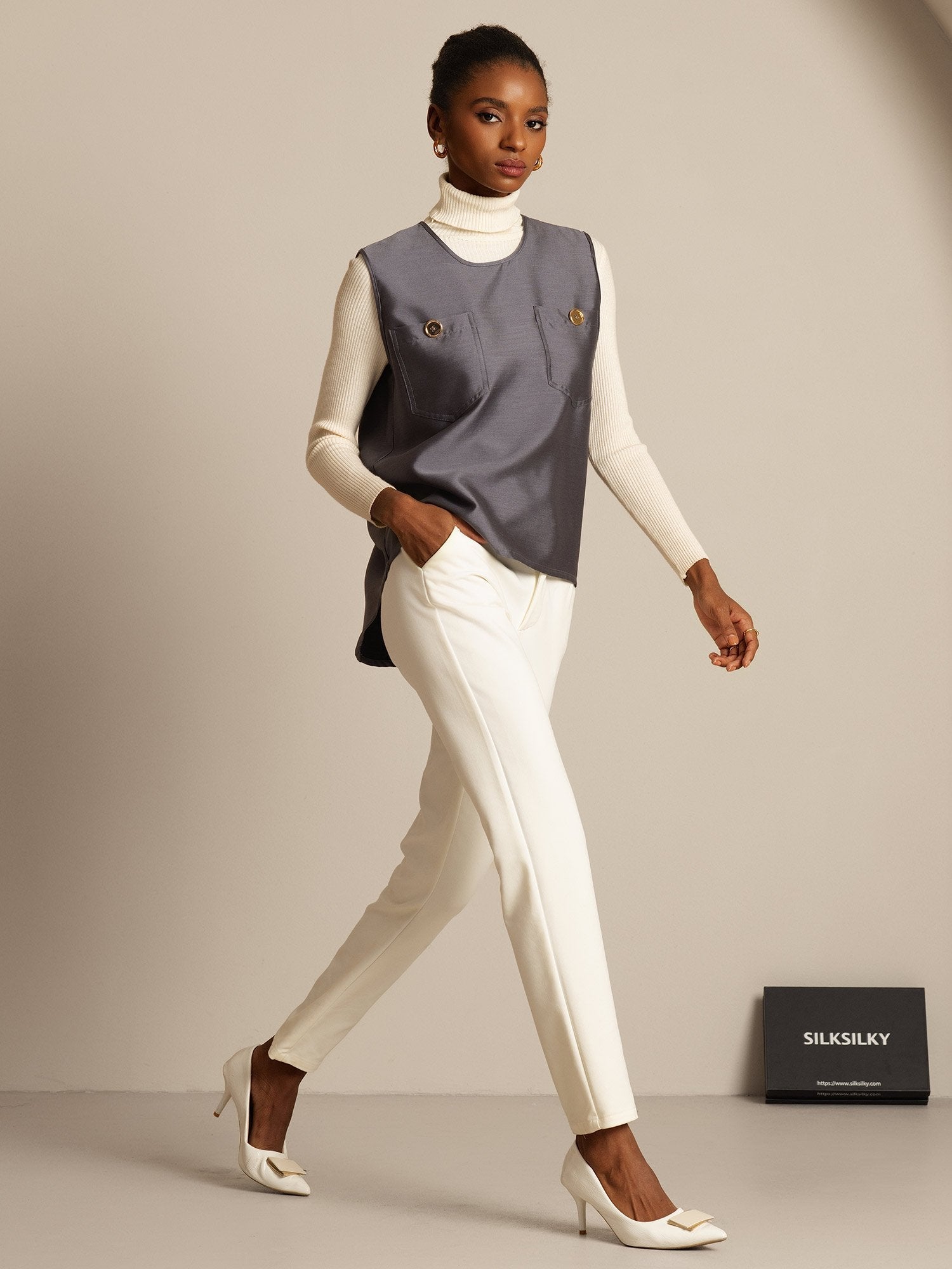 [Gray] SilkSilky-CA 32Momme Silk-Wool Blend Womens Vest 005,