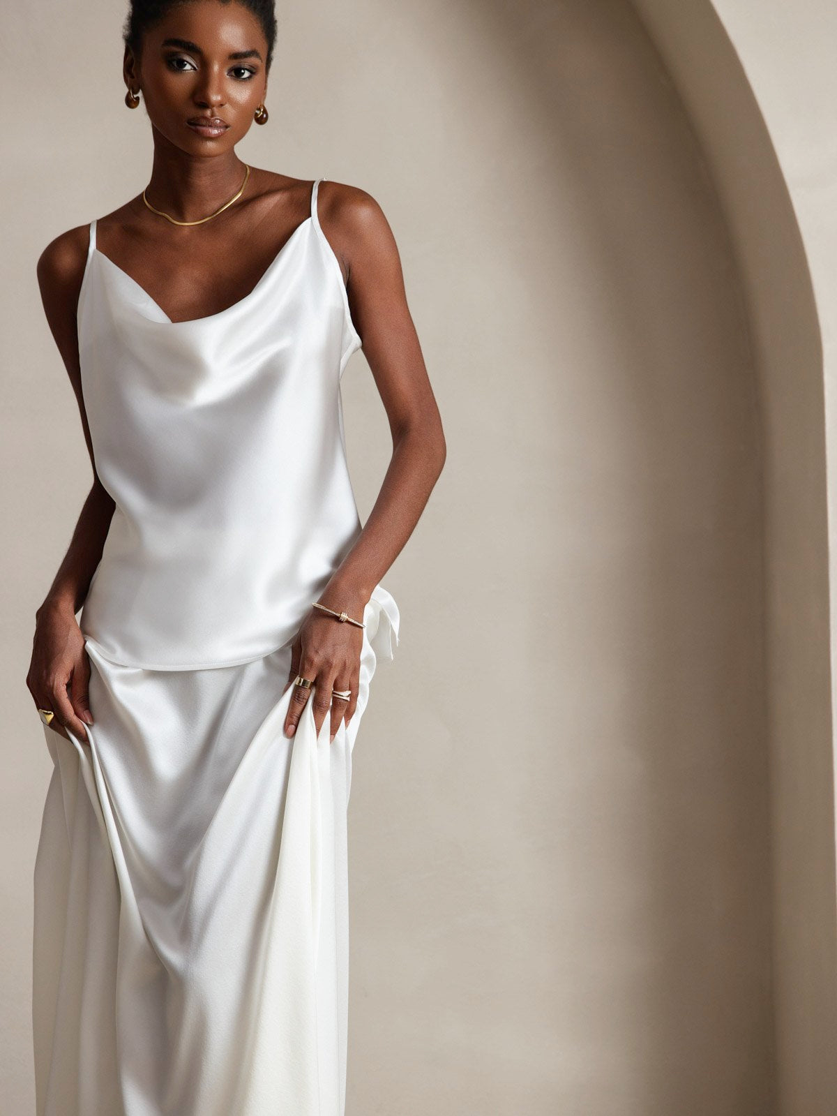 [White] SilkSilky-CA 19Momme Silk Cowl Neck Camisole 003