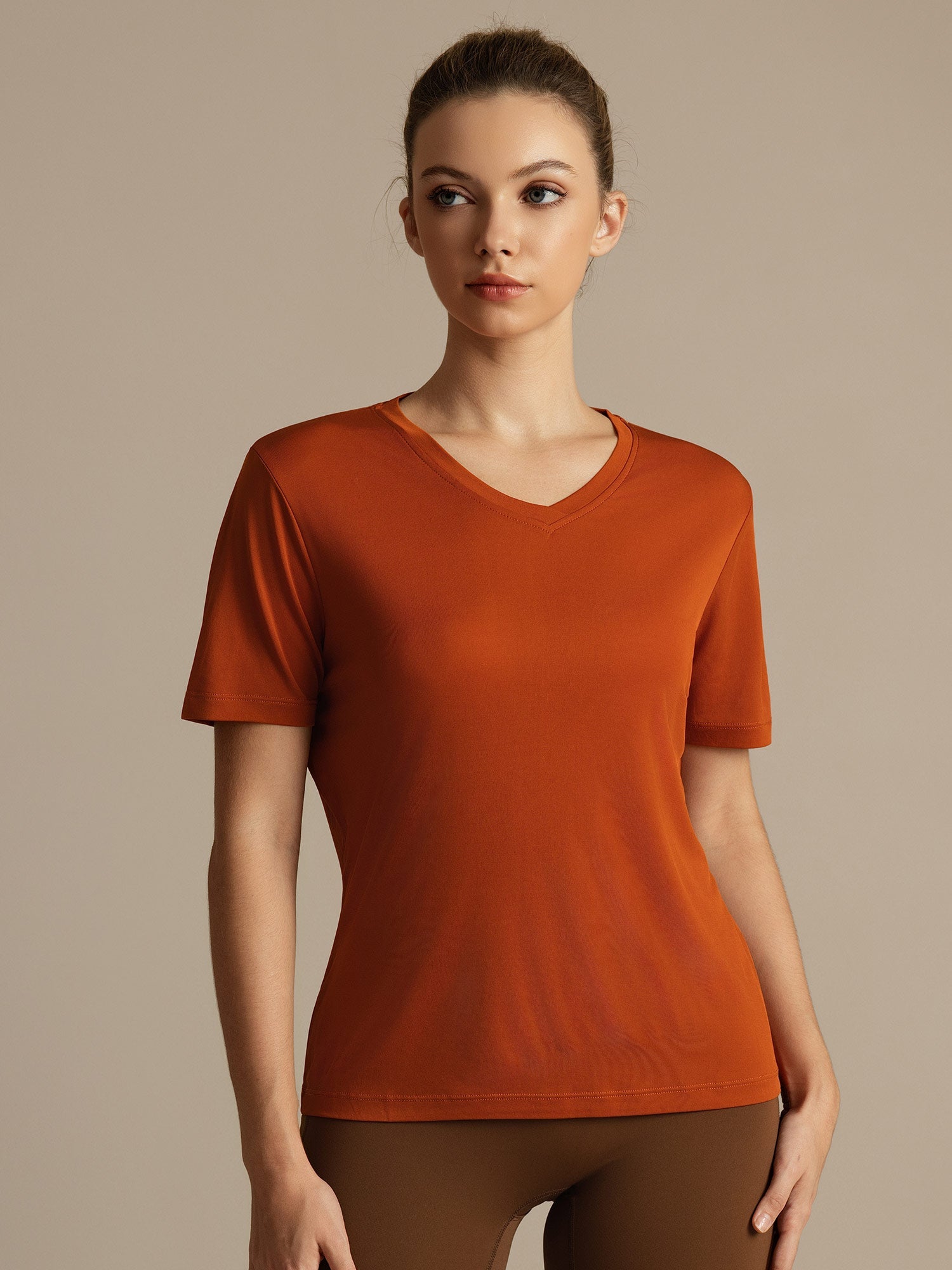 [Orange] SilkSilky-CA 100% High-Twist Silk Jersey Short Sleeve V Neck Women's T-Shirt 001