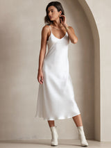 [White] SilkSilky-CA Spaghetti Strap V Neck Dress 005