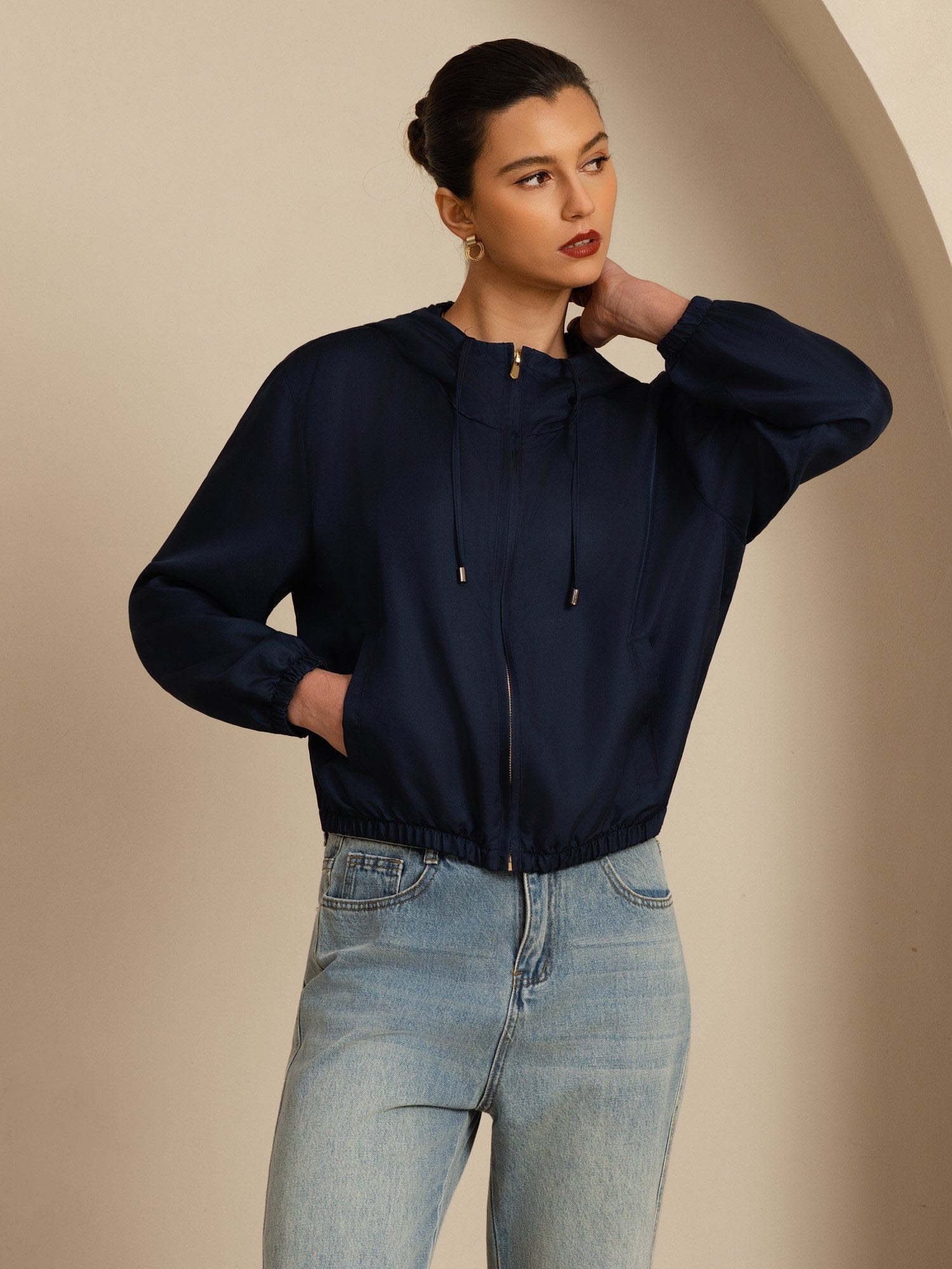 [DarkBlue] SilkSilky-CA 18Momme Silk Satin Surah Long Sleeve Stand Collar Women's Outerwear 001