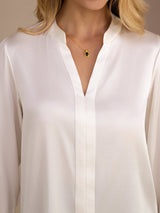 [White] SilkSilky-CA Long Sleeve Split Women's Blouse 005