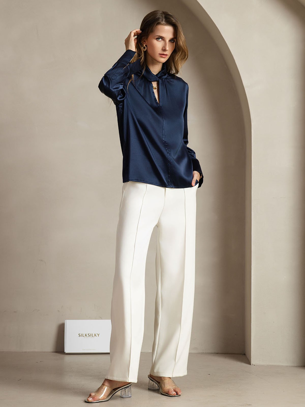 [DarkBlue] SilkSilky-CA 19Momme Silk Keyhole Neck Women's Shirt 007